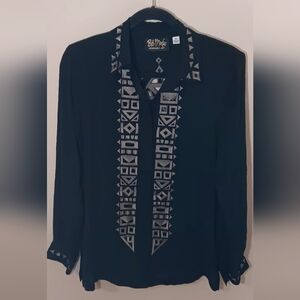Bob Mackie Wearable Art 100% SILK Black Blouse with Silver Geometric Design NWOT